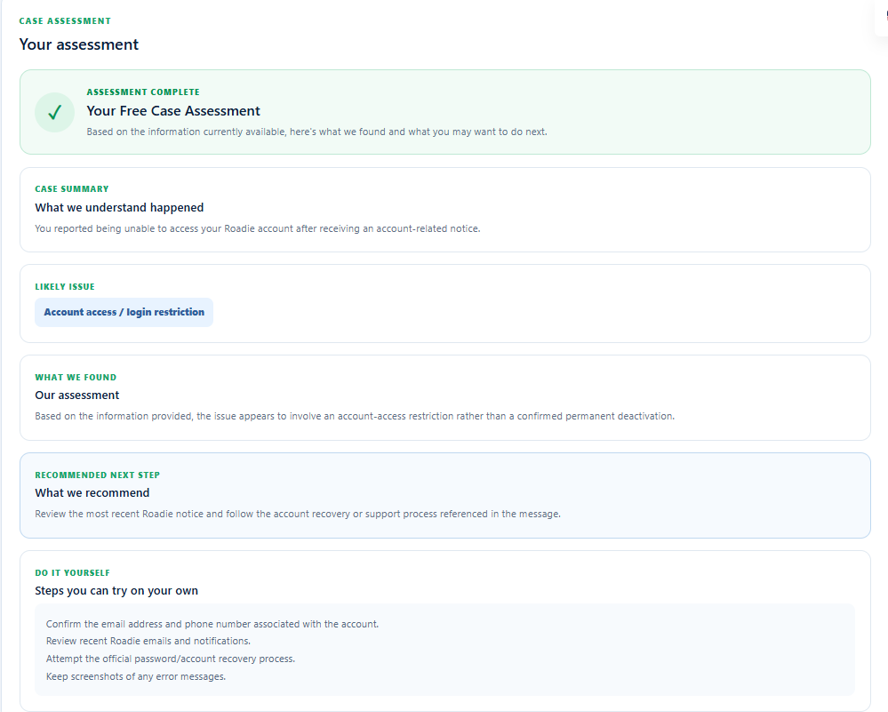 GigAssist365 Free Case Assessment showing case summary, likely issue and recommendations