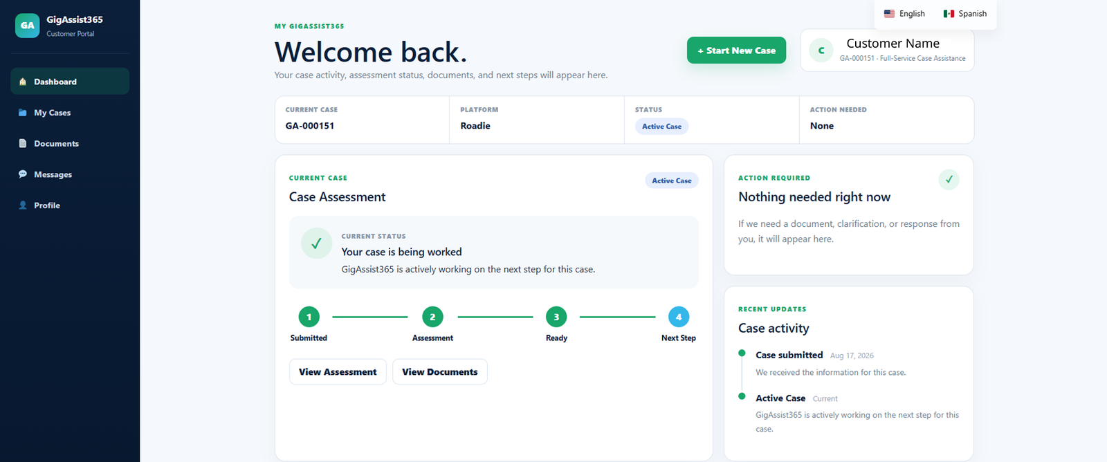 GigAssist365 customer dashboard showing case status, activity and action needed