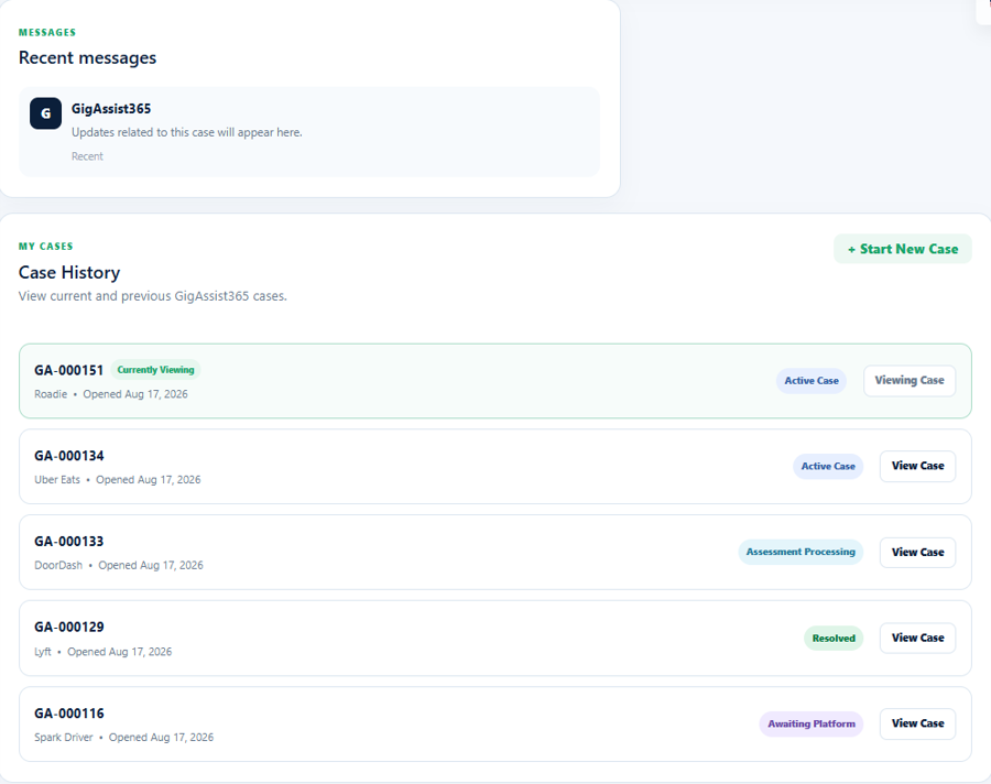 GigAssist365 case history showing current and previous customer cases
